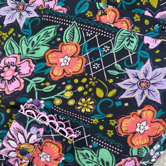 AVARA Black Floral S Print Button Front Blouse Long Sleeve Ruffle Collar Cotton - Picture 3 of 11